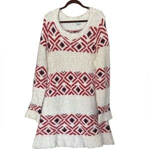 Monroe & Main White Red Aztec Print Fuzzy Tunic Sweater Dress Size 3X